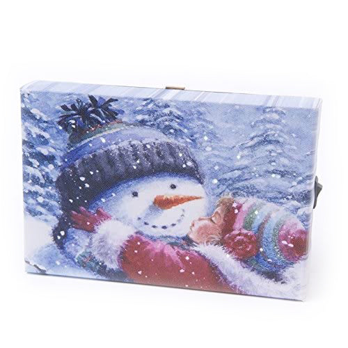 Mini LED Light Up Christmas Hanging Or Standing Canvas Picture 15x10cm Child Hugging Snowman Scene