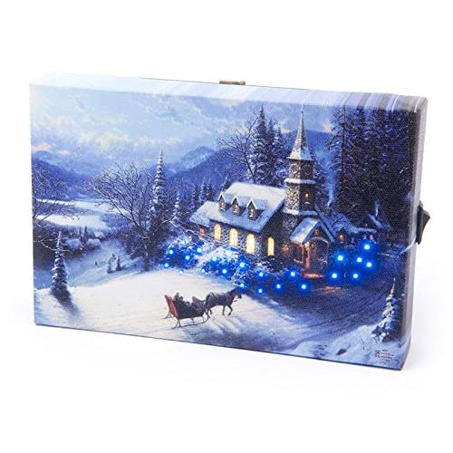 Mini LED Light Up Christmas Hanging Or Standing Canvas Picture 15x10cm Church Scene