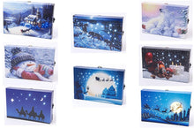 Load image into Gallery viewer, Mini LED Light Up Christmas Hanging Or Standing Canvas Picture 15x10cm Waving Snowman And Sleigh Scene
