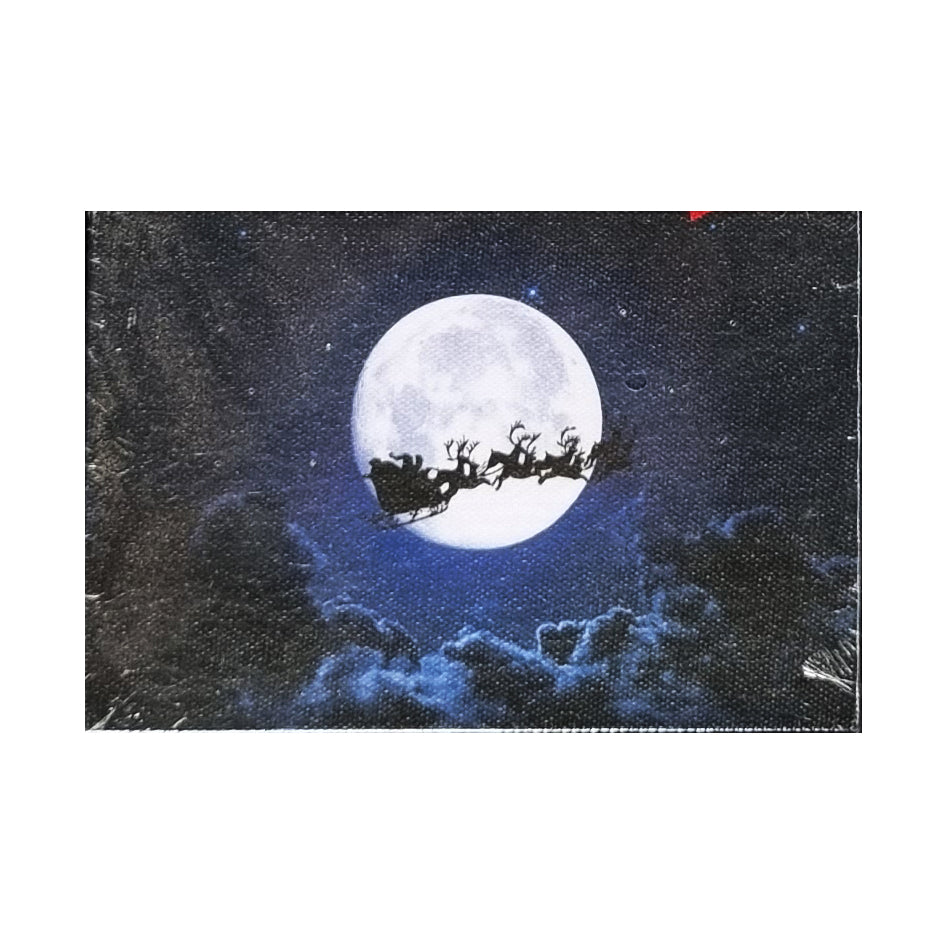 Mini LED Light Up Christmas Hanging Or Standing Canvas Picture 15x10cm Sleigh Passing Full Moon Scene