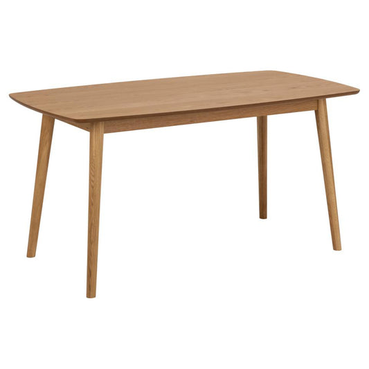A rectangular dining table with a smooth, oiled oak surface and simple, rounded edges. The table appears to be made of solid wood and has visible wood grain patterns.