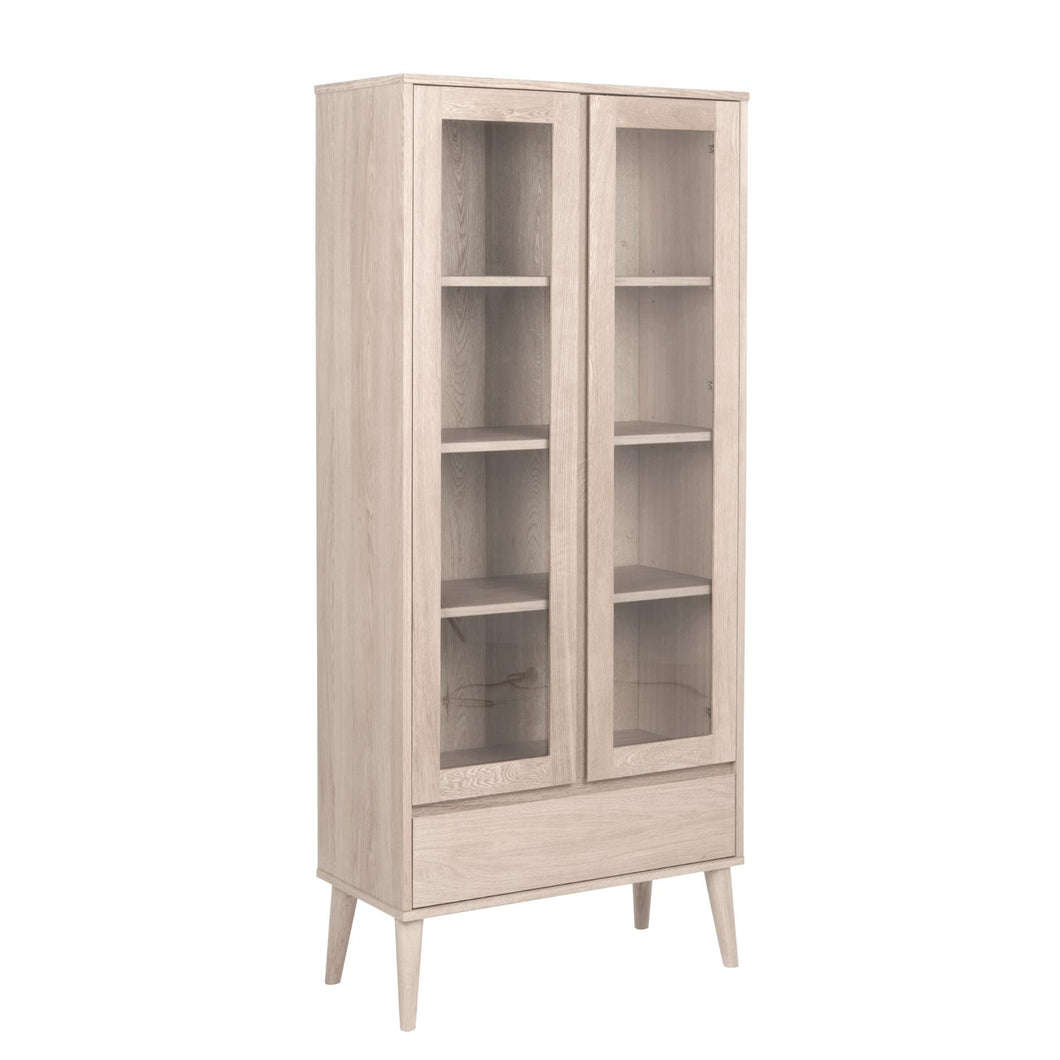 Negano Solid Oak White Oil Cabinet With 2 Glass Doors And Drawer 80x37x178cm
