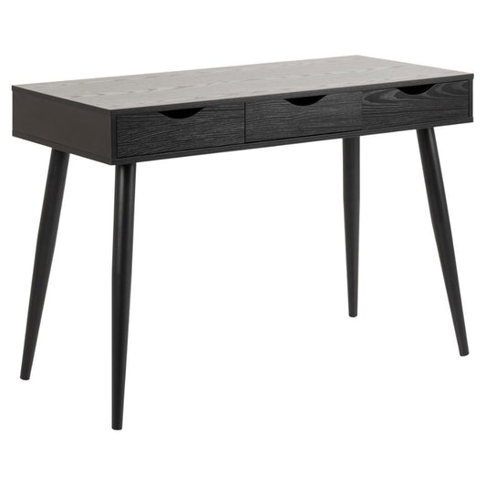 A modern office desk named 'Neptun Bureau' in black melamine ash with metal legs, featuring a rectangular table top and three drawers.