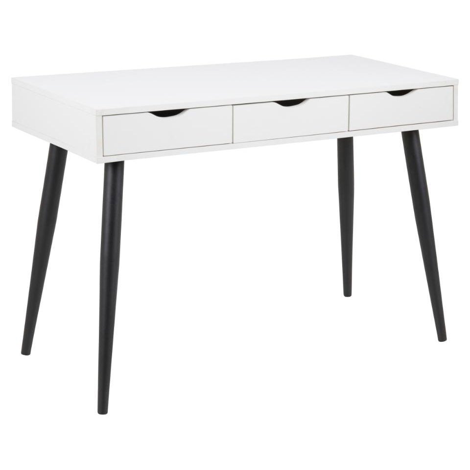 A white Neptun bureau office desk with black metal legs and three drawers.