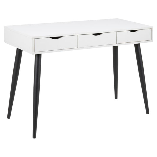 A white Neptun bureau office desk with black metal legs and three drawers.