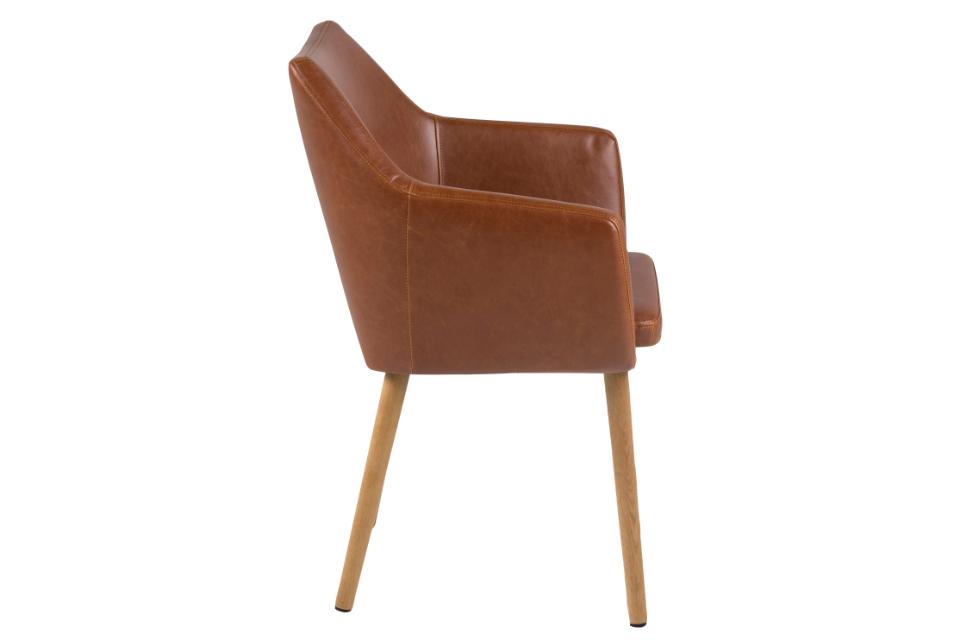 Nora Carver Seat Dining Chair In Brandy PU Leather With Oak Oiled Legs And Arm Rests