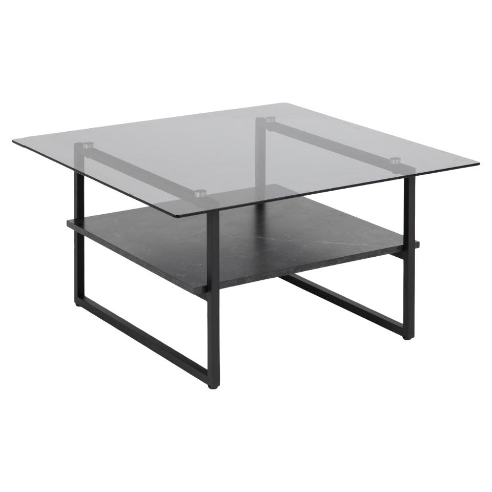 Okaya Designer Coffee Table Smoked Glass Square Top Marble Shelf 80cm