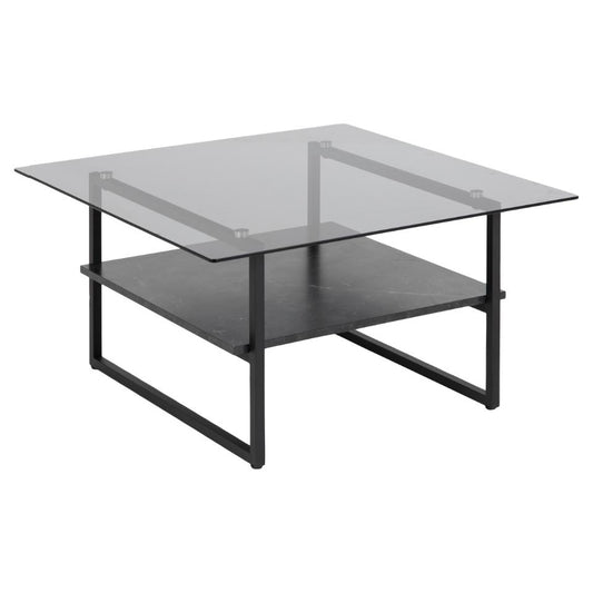 Okaya Designer Coffee Table Smoked Glass Square Top Marble Shelf 80cm
