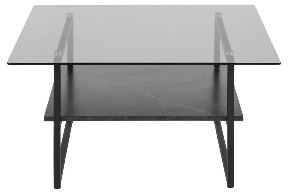 Okaya Designer Coffee Table Smoked Glass Square Top Marble Shelf 80cm