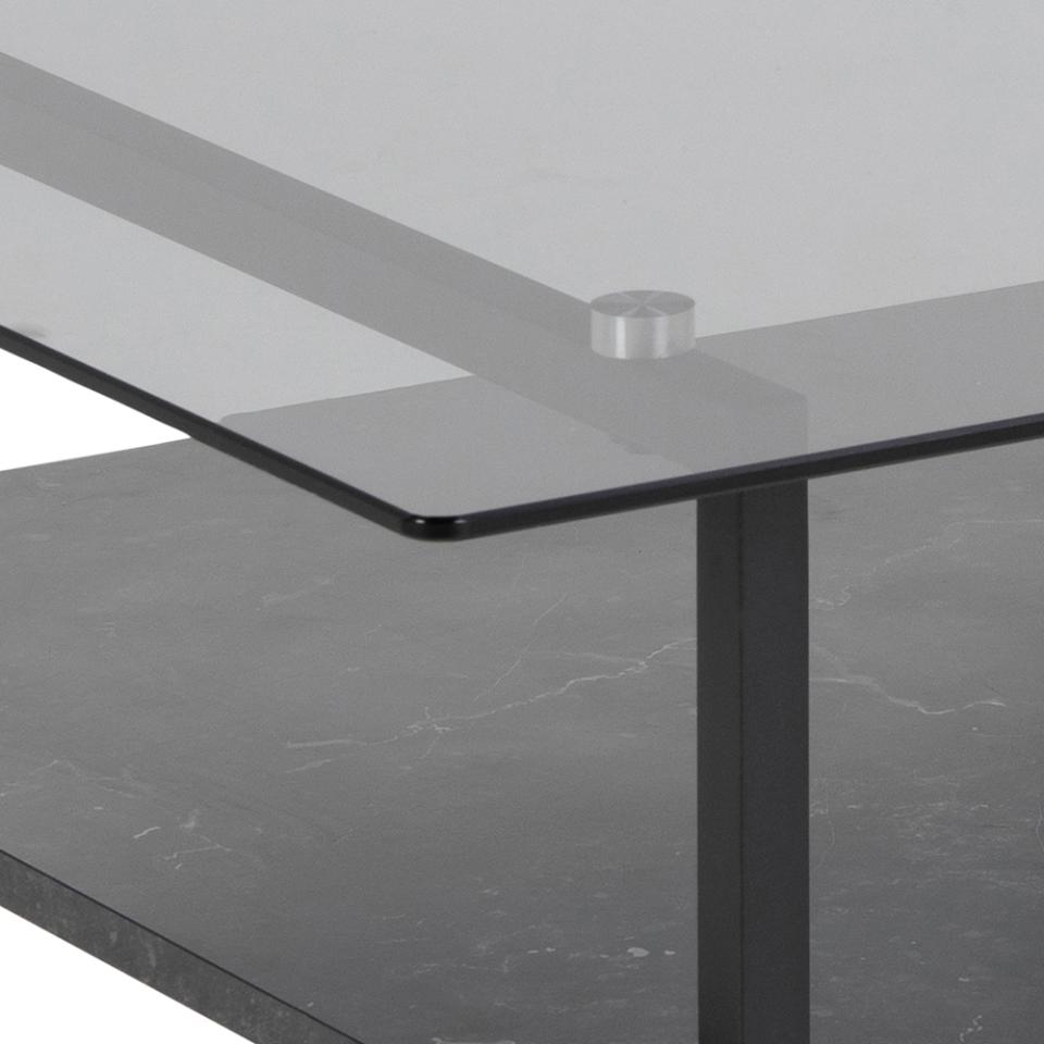 Okaya Designer Coffee Table Smoked Glass Square Top Marble Shelf 80cm
