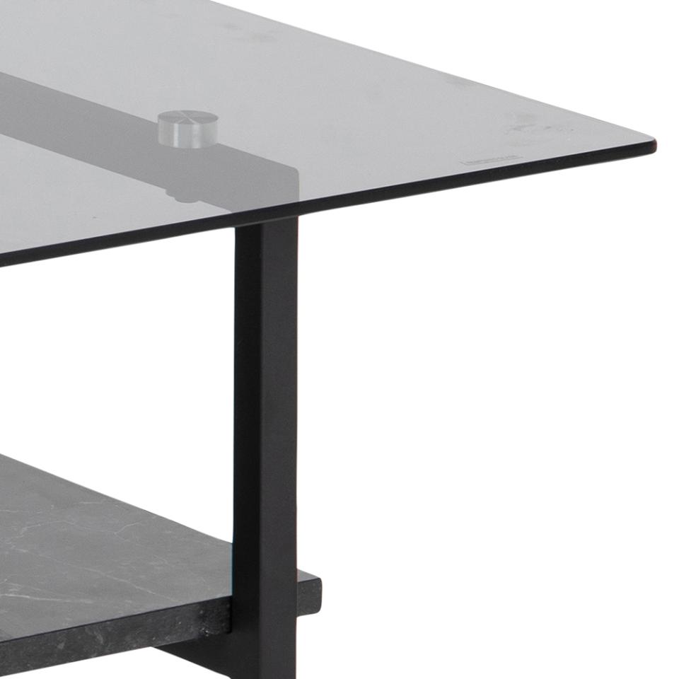 Okaya Designer Coffee Table Smoked Glass Square Top Marble Shelf 80cm