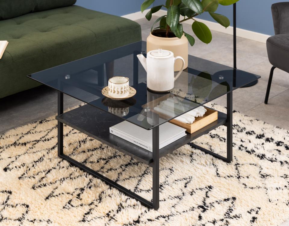 Okaya Designer Coffee Table Smoked Glass Square Top Marble Shelf 80cm