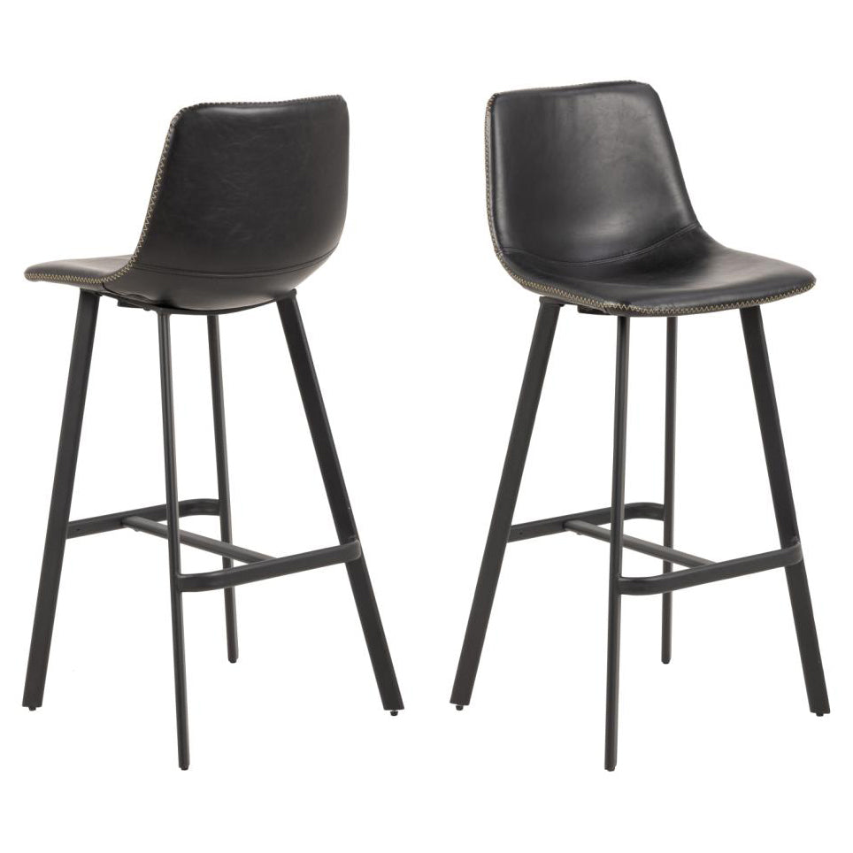 Oregon Black Vintage Leather Bar Stools, Set Of 2 With Metal Base And Footrest