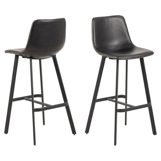 Oregon Black Vintage Leather Bar Stools, Set Of 2 With Metal Base And Footrest