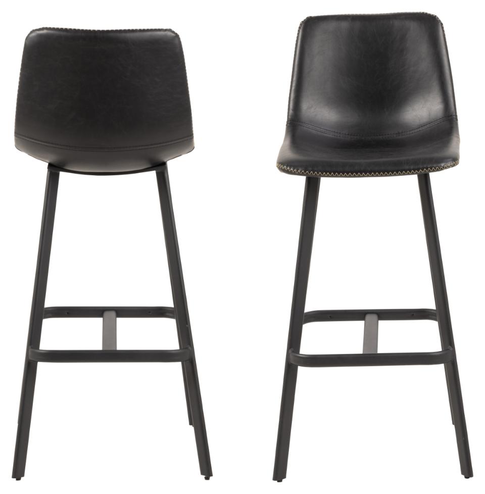 Oregon Black Vintage Leather Bar Stools, Set Of 2 With Metal Base And Footrest