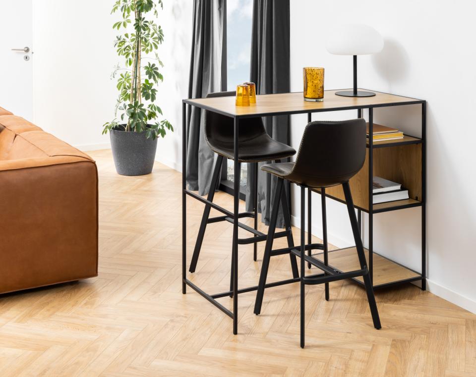 Oregon Black Vintage Leather Bar Stools, Set Of 2 With Metal Base And Footrest