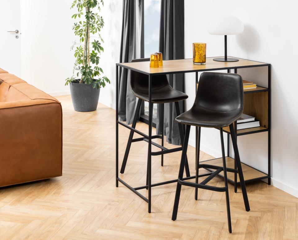 Oregon Black Vintage Leather Bar Stools, Set Of 2 With Metal Base And Footrest
