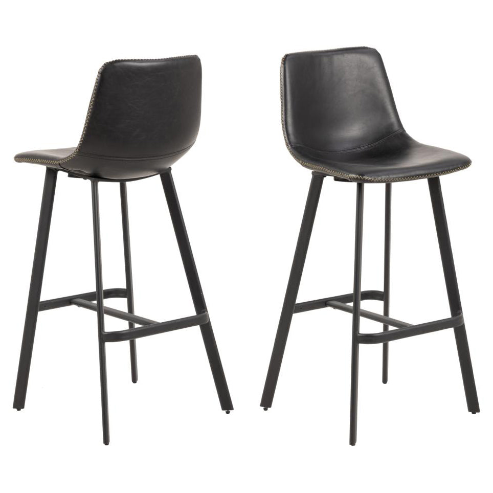 A Pair Of Oregon Black Vintage Leather Bar Stools With Metal Base And Footrest, 2 Barstools