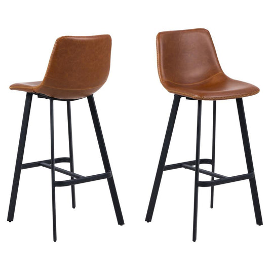 Oregon Brown Vintage Leather Bar Stools, Set Of 2 With Metal Base And Footrest