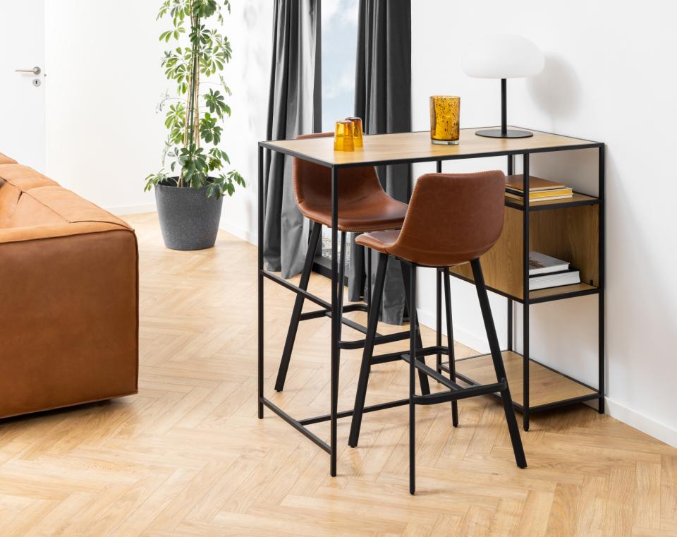 Oregon Brown Vintage Leather Bar Stools, Set Of 2 With Metal Base And Footrest