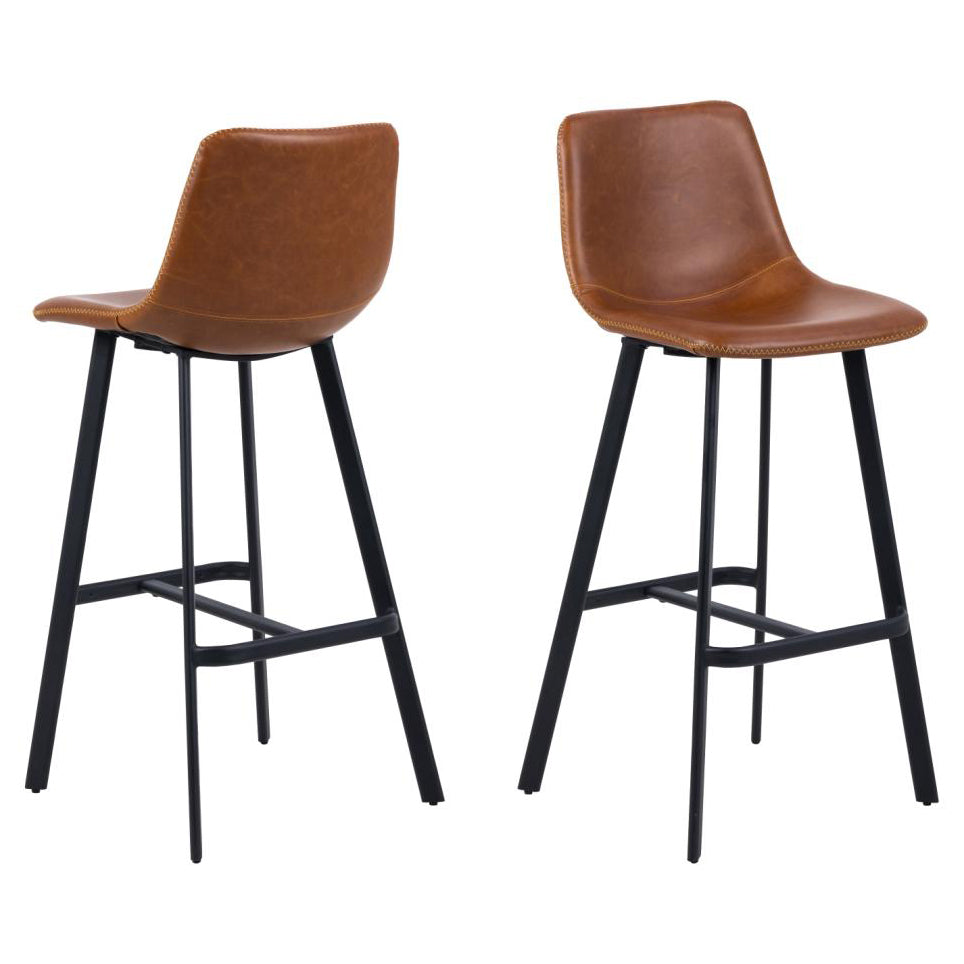 Pair Of Oregon Brown Vintage Leather Bar Stools With Metal Base And Footrest, 2 Barstools