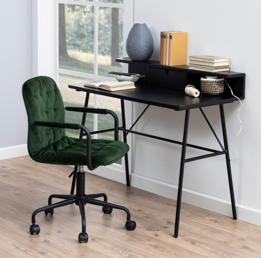 Pascal Office Desk With Drawer In Black With Metal Legs Space Saving 100x55x89cm