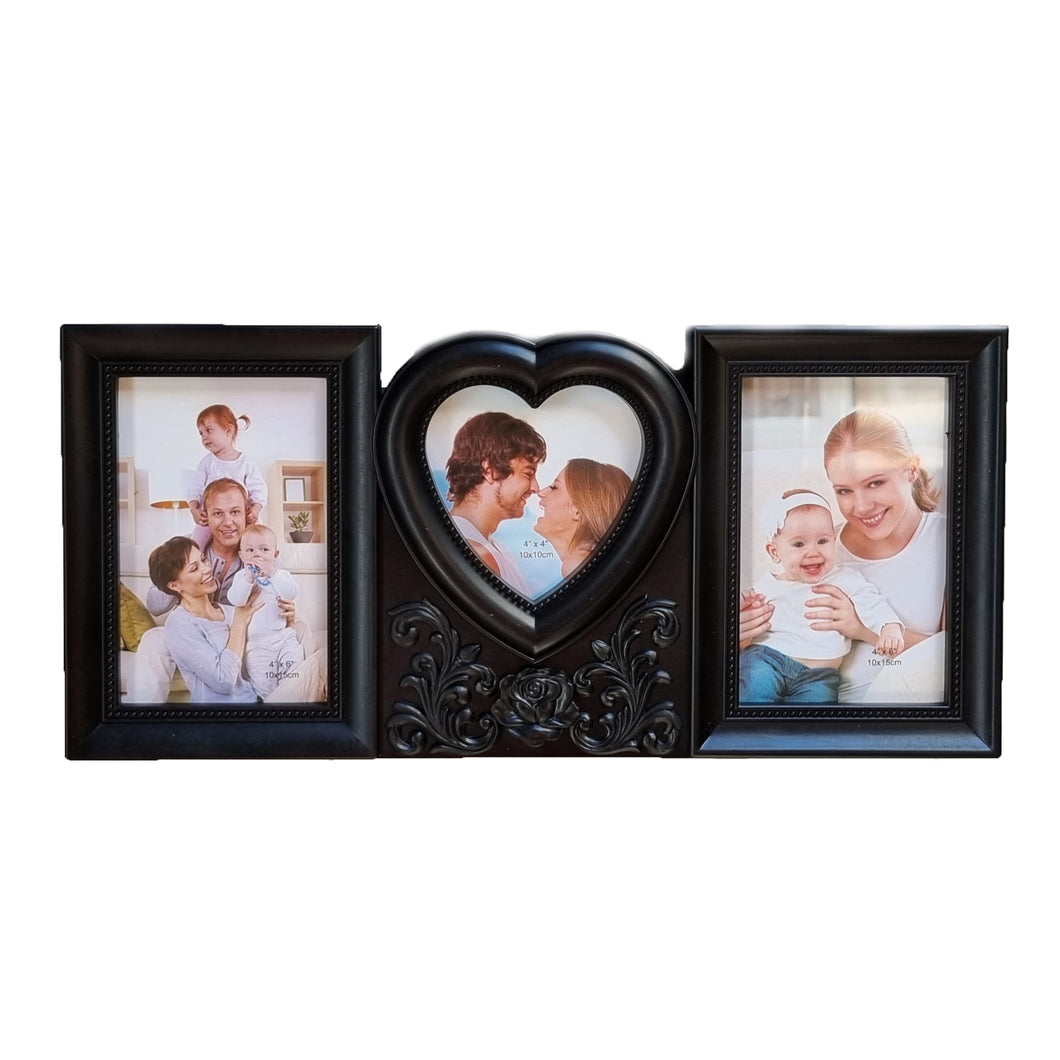 Black Photo Picture Frame With 3 Windows And Heart Filigree Detail 40x18x2cm