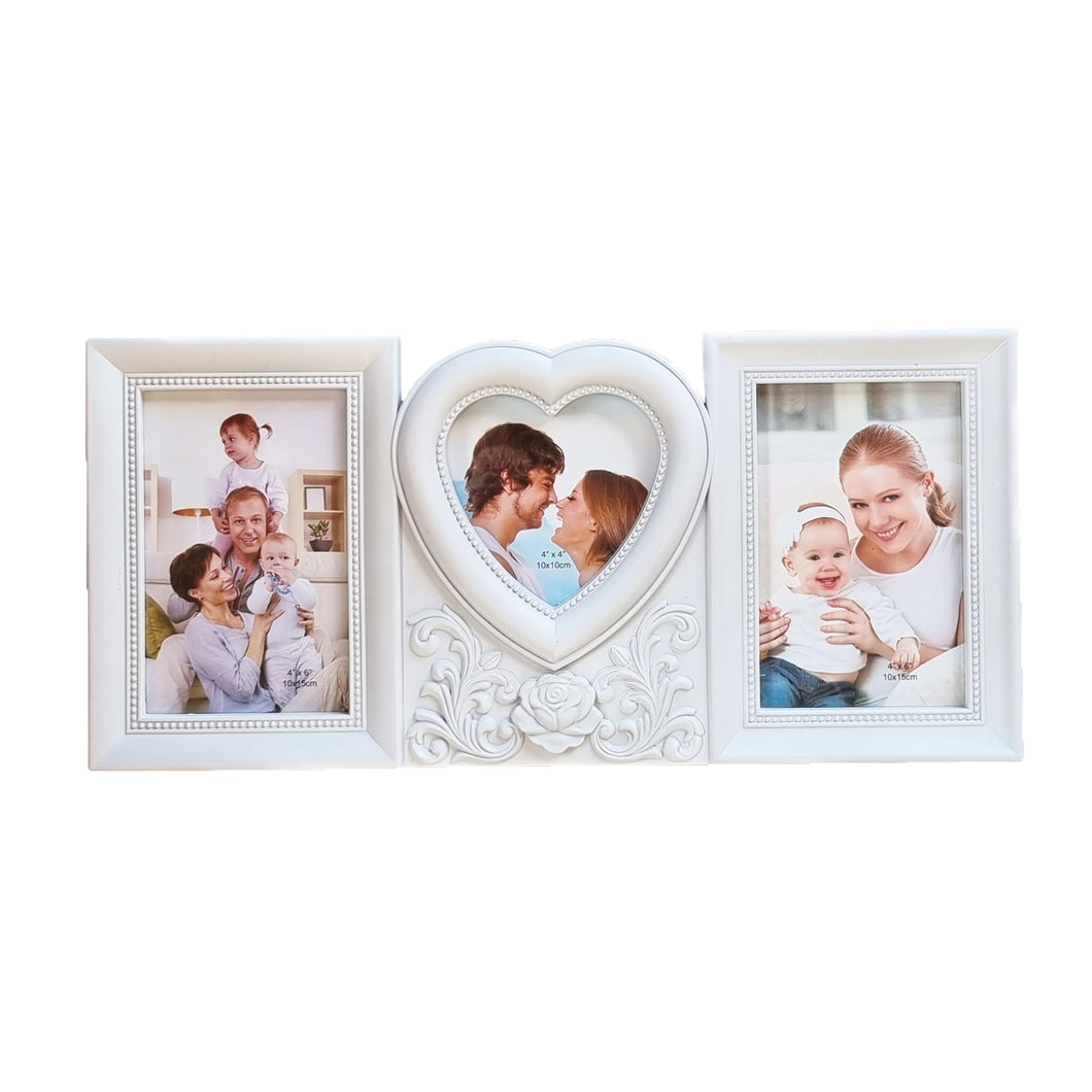 White Photo Picture Frame With 3 Windows And Heart Filigree Detail 40x18x2cm