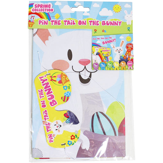 Packaging for the 'Pin The Tail On The Bunny' game, featuring a colorful illustration of a bunny and various playful elements like tail and award stickers.