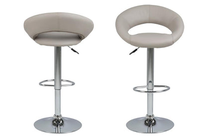 A front and rear facing Plump bar stool with faux leather seat and chrome base on a white background