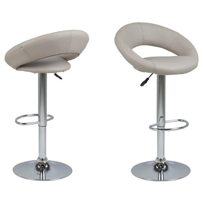 A pair of Plump taupe coloured faux leather seat bar stools with silver chrome bases, footrests and height adjustment levers on a white background
