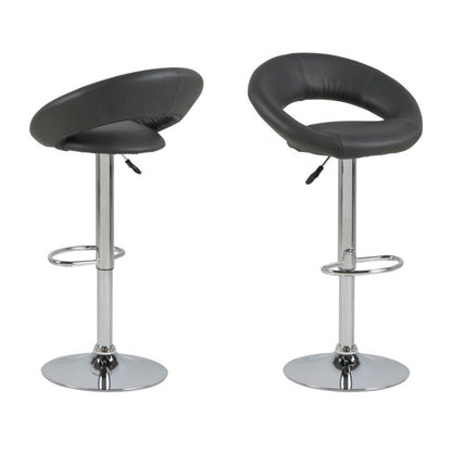 A pair of Plump faux leather grey bar stools with chrome bases and footrest