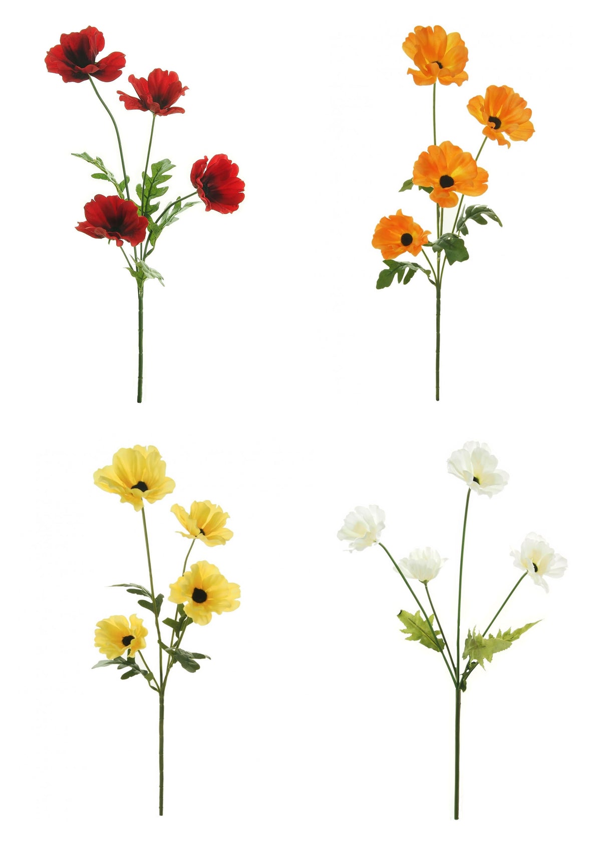 Artificial Wild Poppy Flower Stem With Leaves 4 Heads In Red, Orange, Yellow Or White