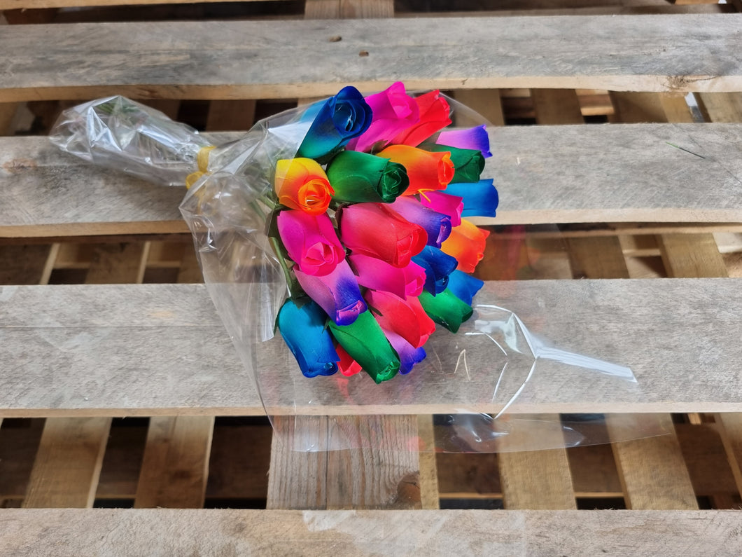 Bouquet Of 24 Mixed Bright Two Tone Wooden Roses - Rainbow Ombre