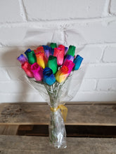 Load image into Gallery viewer, Bouquet Of 24 Mixed Bright Two Tone Wooden Roses - Rainbow Ombre
