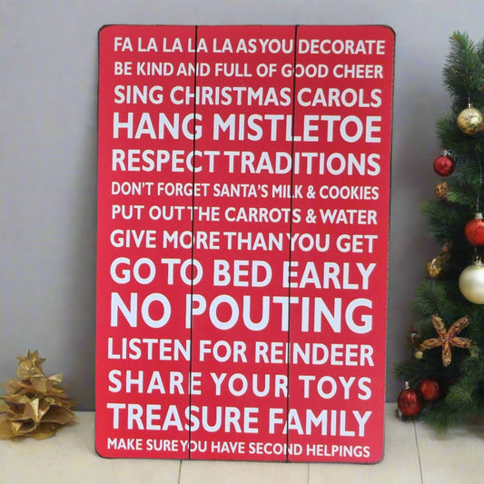 Christmas Rules Large Red Hanging Wall Art Decoration Xmas Wooden Sign 45x30cm