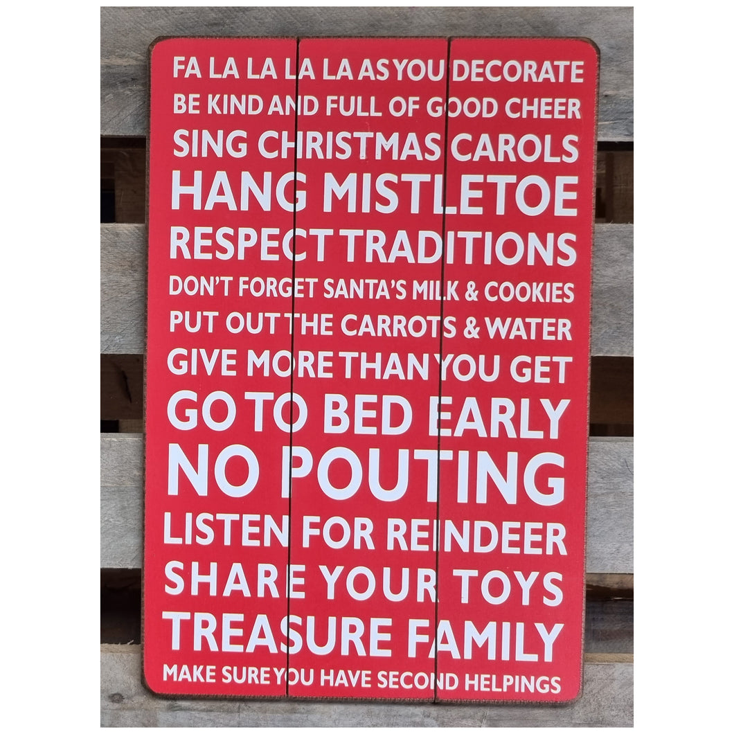 Christmas Rules Large Red Hanging Wall Art Decoration Xmas Wooden Sign 45x30cm