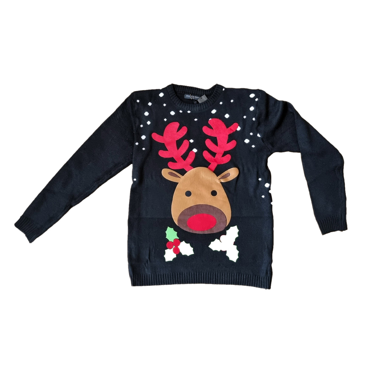 A black Christmas jumper with a large plush felt reindeer face and Christmas decorations on a white background