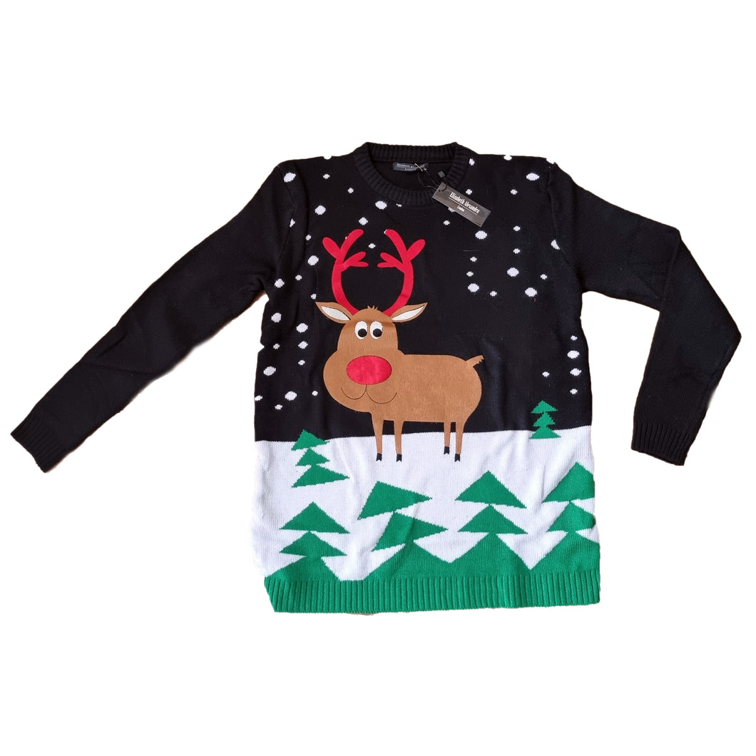 Christmas Jumper Reindeer Snow Scene Plush Novelty Xmas Unisex Sweater M L XL