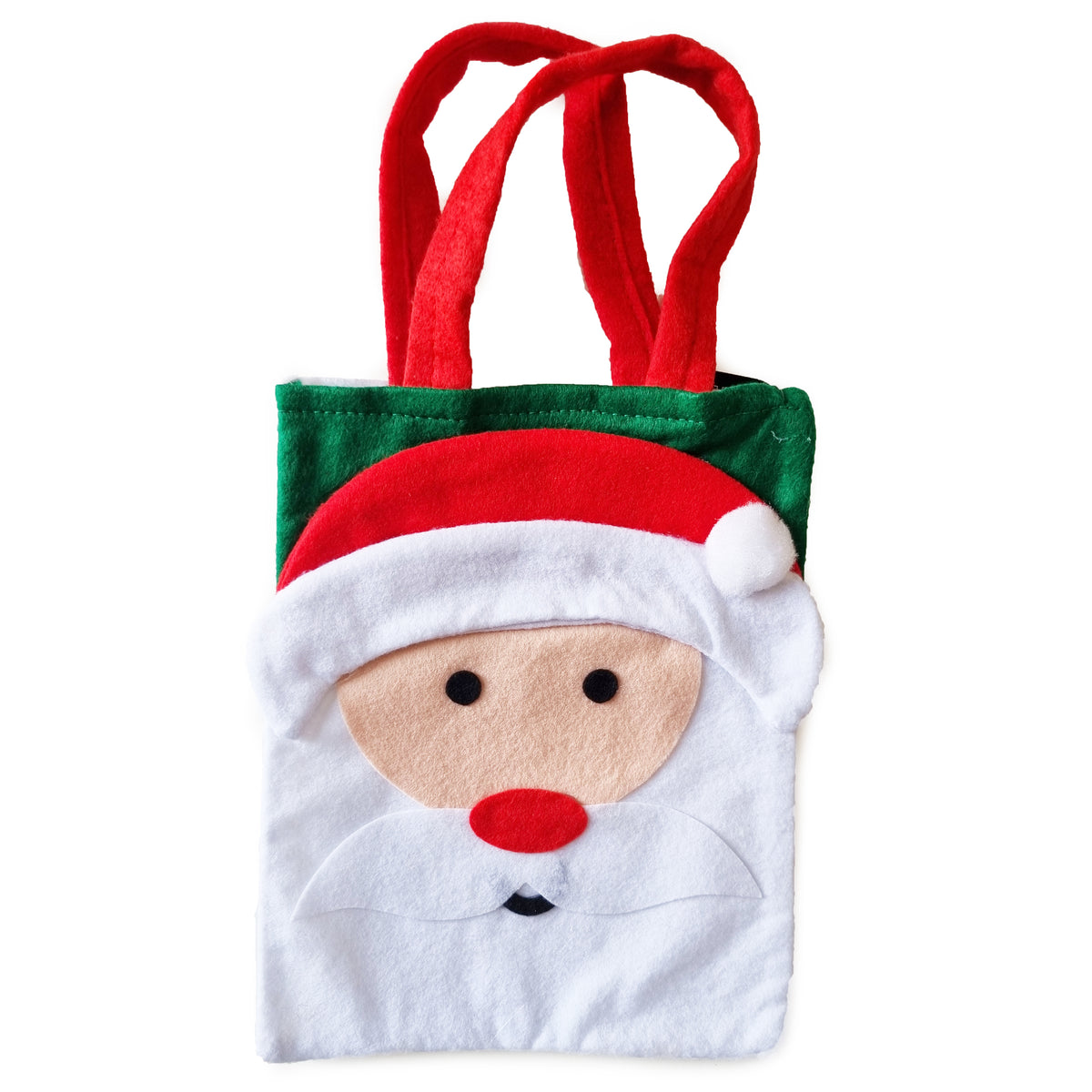 A felt Christmas Santa treat bag featuring a plush Santa Claus design with red and green accents.