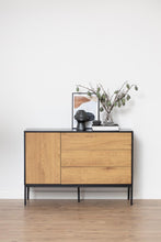 Load image into Gallery viewer, Seaford Oak Sideboard Elegant Cabinet With Black Top, 1 Door, 3 Drawers 120x40x82cm
