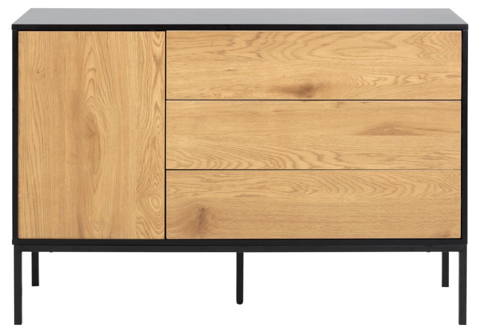 Seaford Oak Sideboard Elegant Cabinet With Black Top, 1 Door, 3 Drawers 120x40x82cm