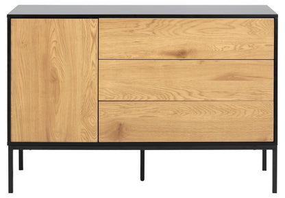 Seaford Oak Sideboard Elegant Cabinet With Black Top, 1 Door, 3 Drawers 120x40x82cm
