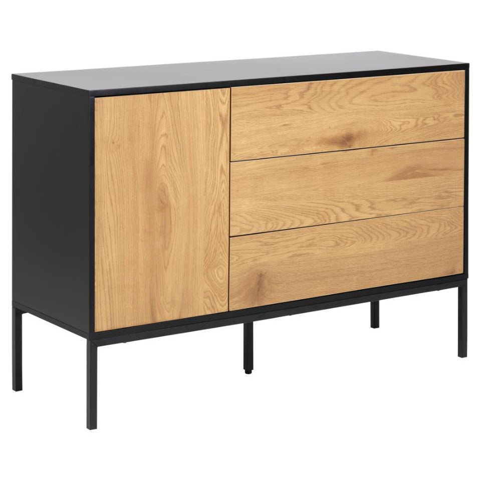 Seaford Oak Sideboard Elegant Cabinet With Black Top, 1 Door, 3 Drawers 120x40x82cm