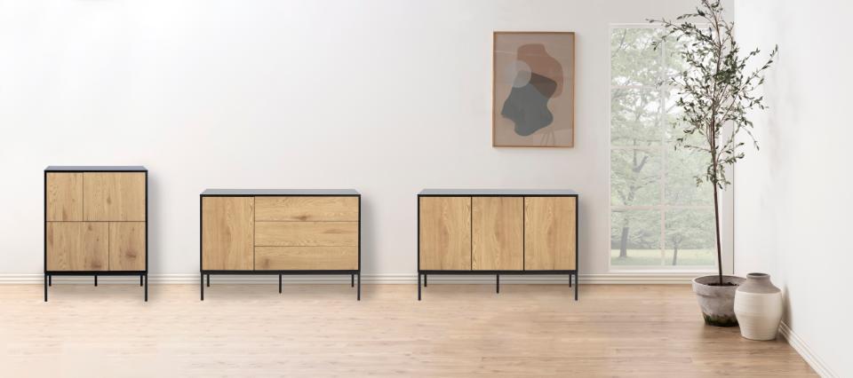 Seaford Oak Sideboard Smart Modern Cabinet With Black Top, 3 Doors And 2 Drawers 80x40x103cm