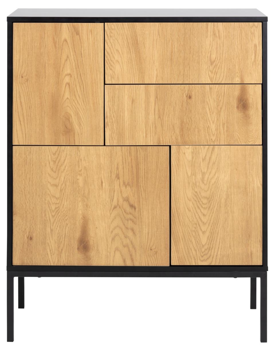 Seaford Oak Sideboard Smart Modern Cabinet With Black Top, 3 Doors And 2 Drawers 80x40x103cm