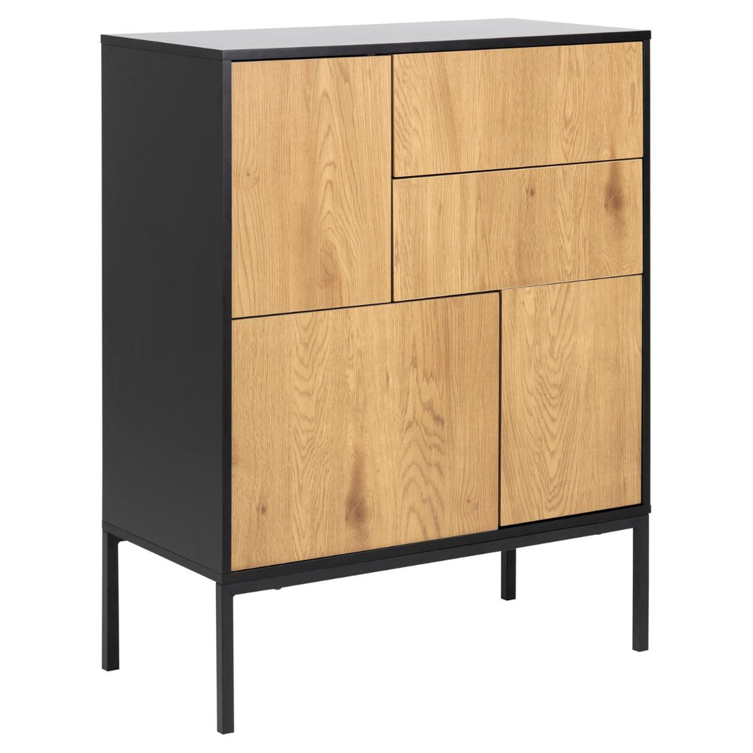 Seaford Oak Sideboard Smart Modern Cabinet With Black Top, 3 Doors And 2 Drawers 80x40x103cm