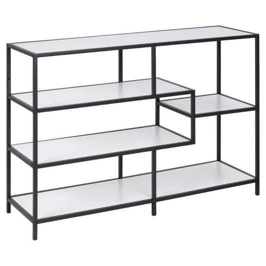 A Seaford stylish bookcase with standing storage shelving unit. It has a matt black metal frame and white melamine shelves, with an asymmetrical design.