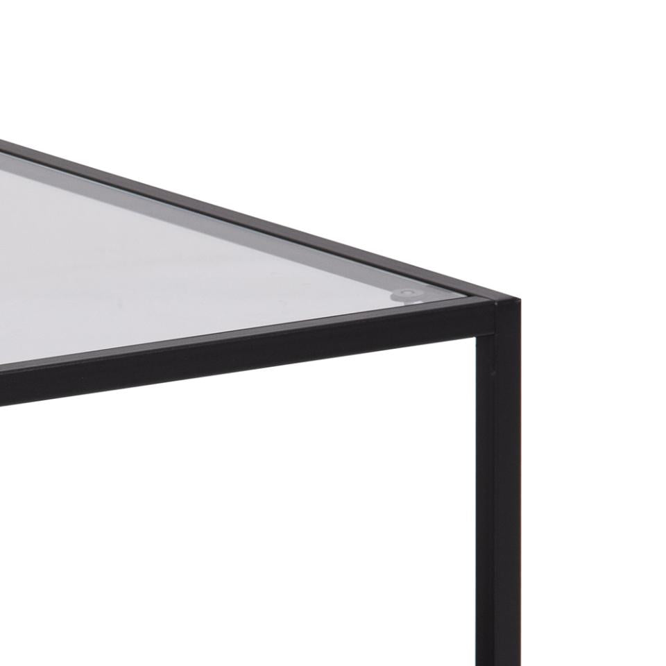 Seaford Coffee Table With Modern Glass Top And Black Metal Frame 90x55x50