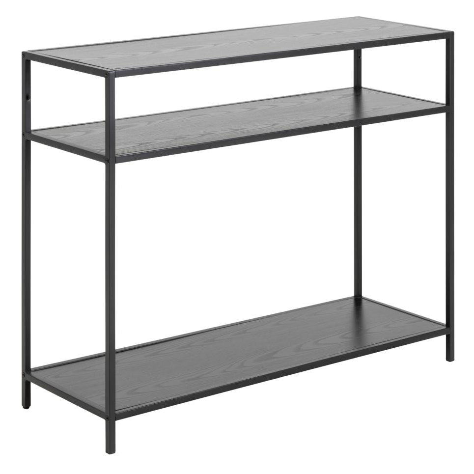 A black console unit with a metal base and two shelves, with a rectangular shape.